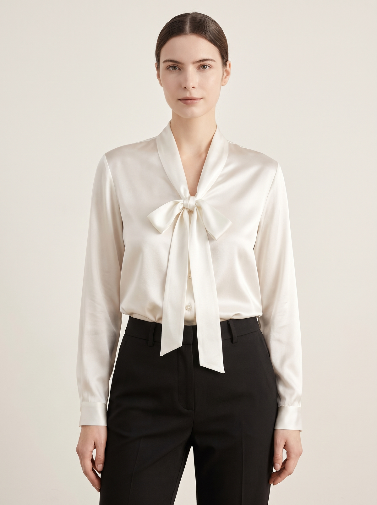 Silk&Sibél Silk Bow Tie Blouse in Ivory, 100% mulberry silk, front view