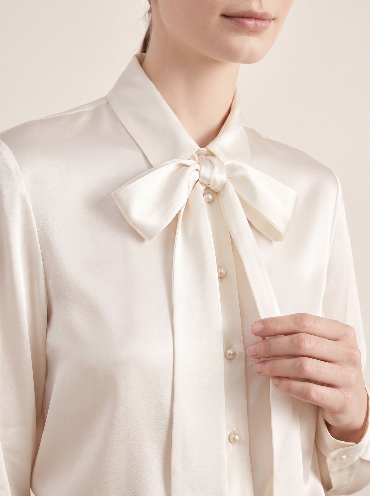 Silk&Sibél Silk Bow Tie Blouse in Ivory, 100% mulberry silk, close-up detail