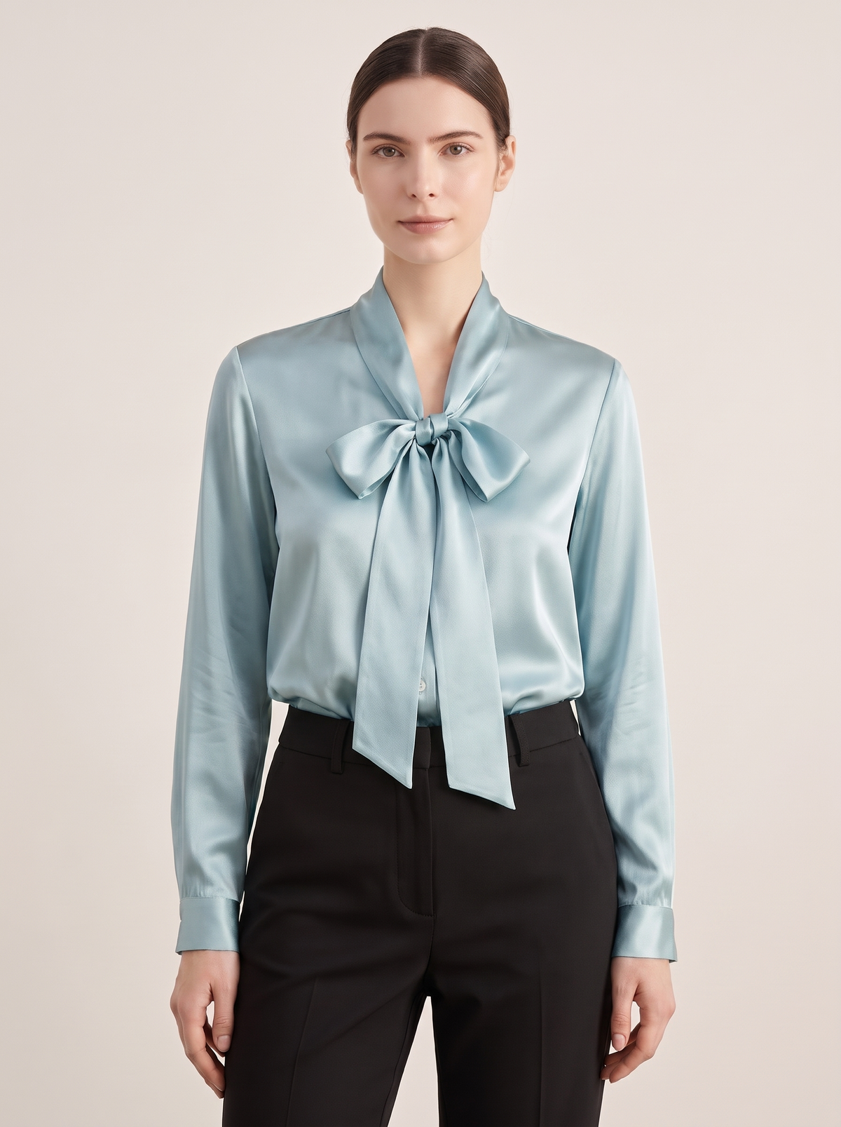 Silk&Sibél Silk Bow Tie Blouse in Haze Blue, 100% mulberry silk, front view