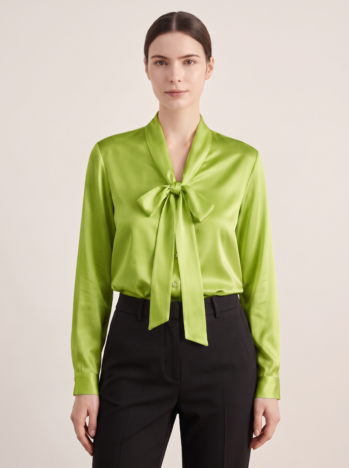 Silk&Sibél Silk Bow Tie Blouse in Mustard Green, 100% mulberry silk, front view