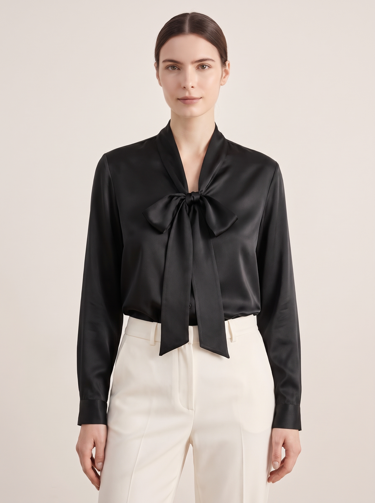 Silk&Sibél Silk Bow Tie Blouse in Black, 100% mulberry silk, front view