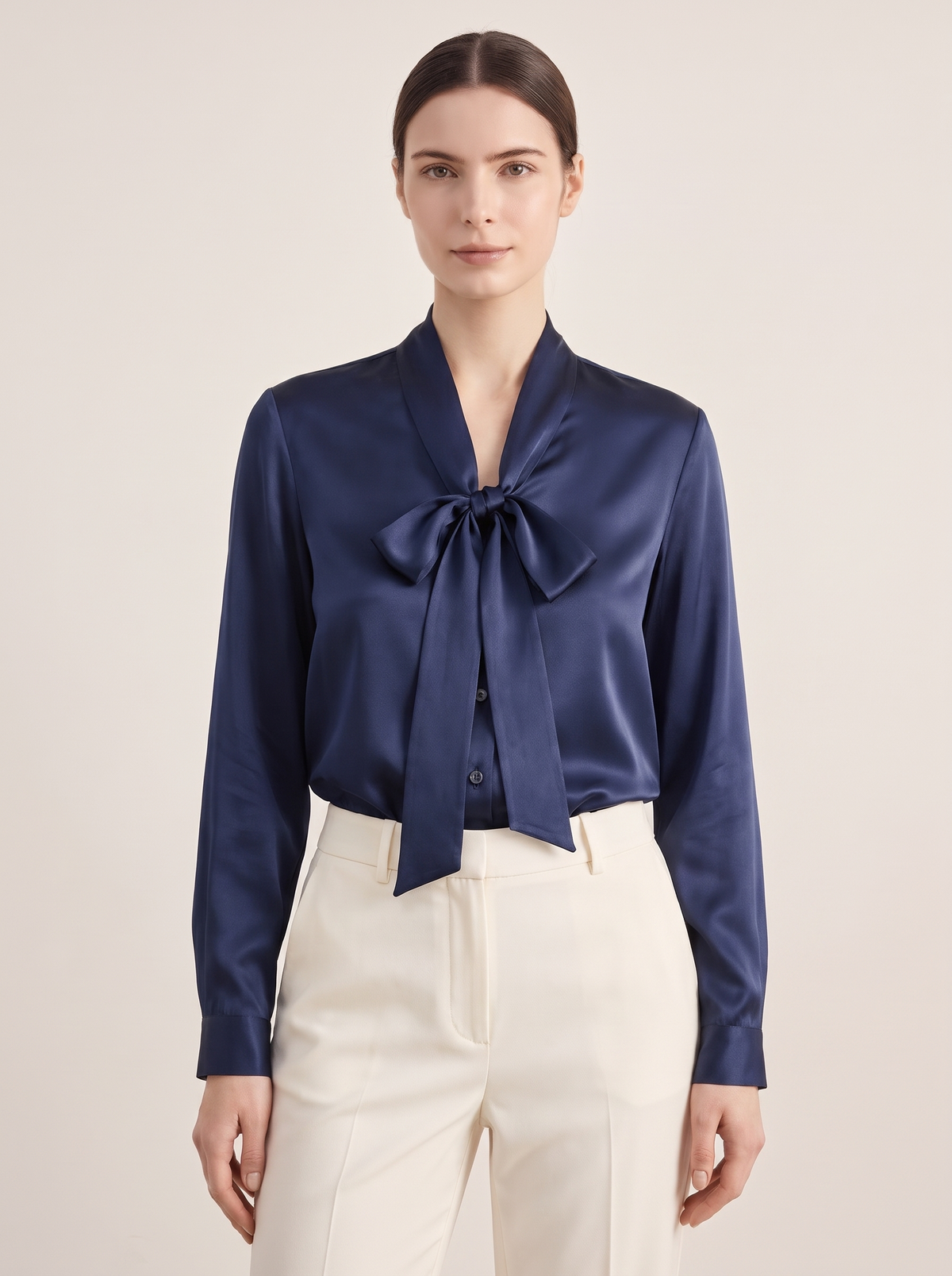 Silk&Sibél Silk Bow Tie Blouse in Navy, 100% mulberry silk, front view