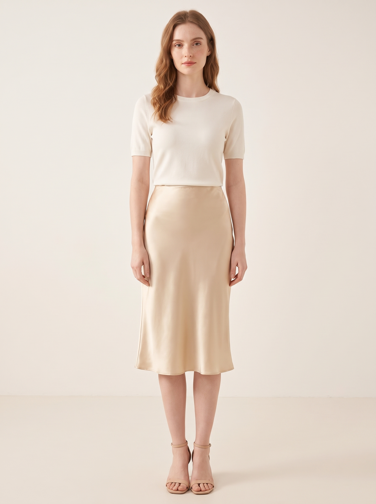 Silk&Sibél Knee-Length Silk Skirt in Champagne, 100% mulberry silk, front view