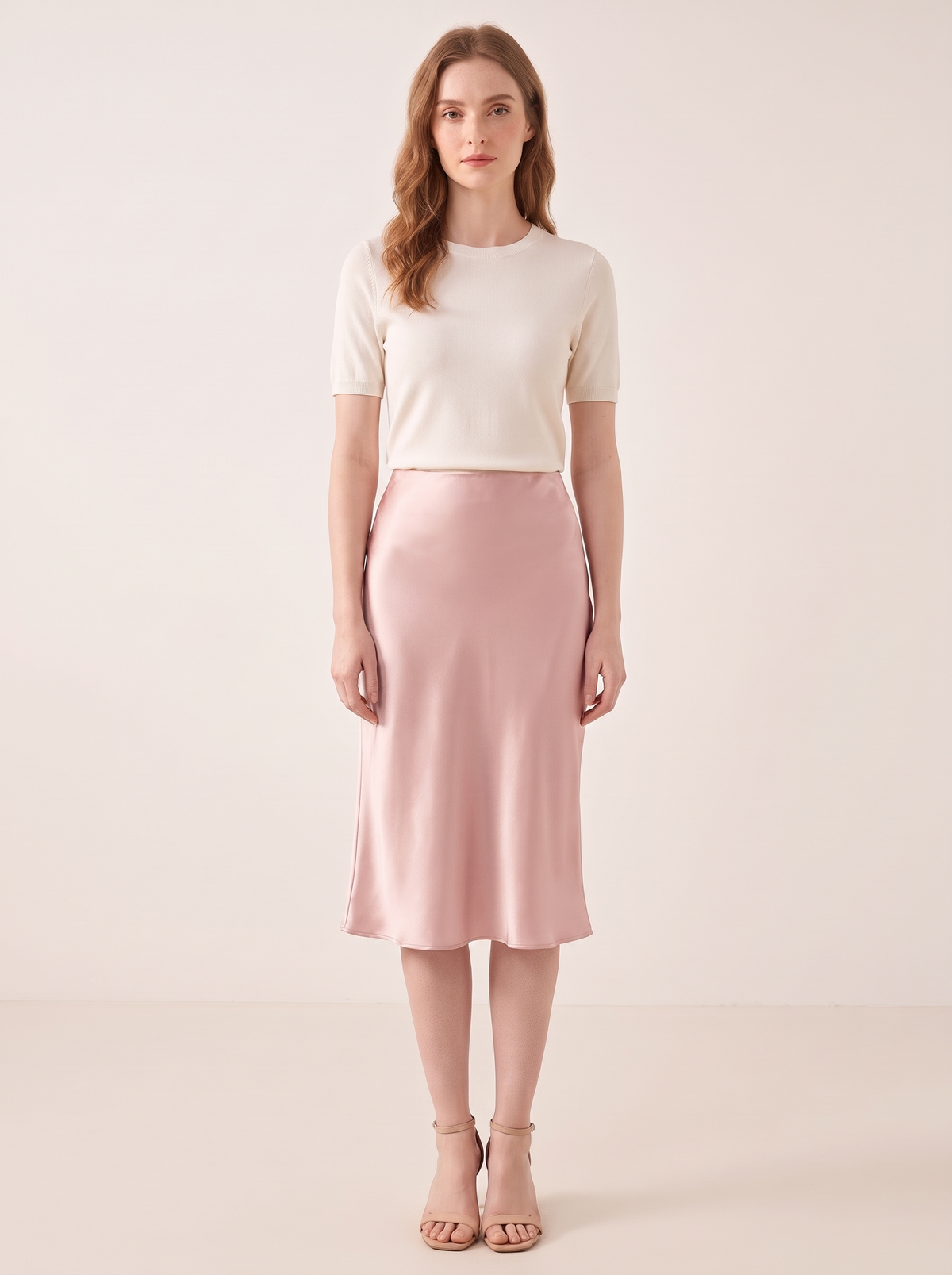 Silk&Sibél Knee-Length Silk Skirt in Rose Pink, 100% mulberry silk, front view