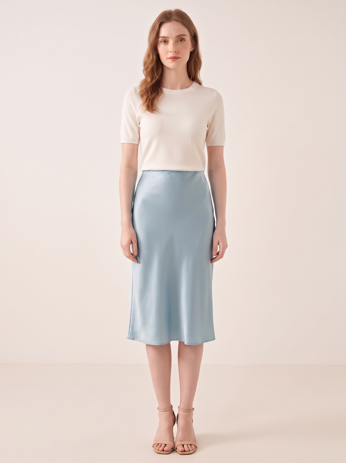 Silk&Sibél Knee-Length Silk Skirt in Haze Blue, 100% mulberry silk, front view
