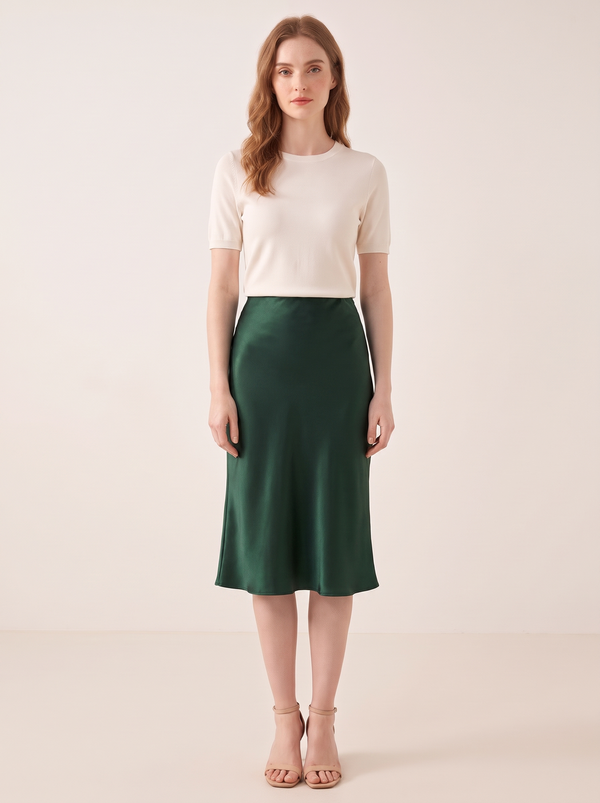 Silk&Sibél Knee-Length Silk Skirt in Dark Green, 100% mulberry silk, front view