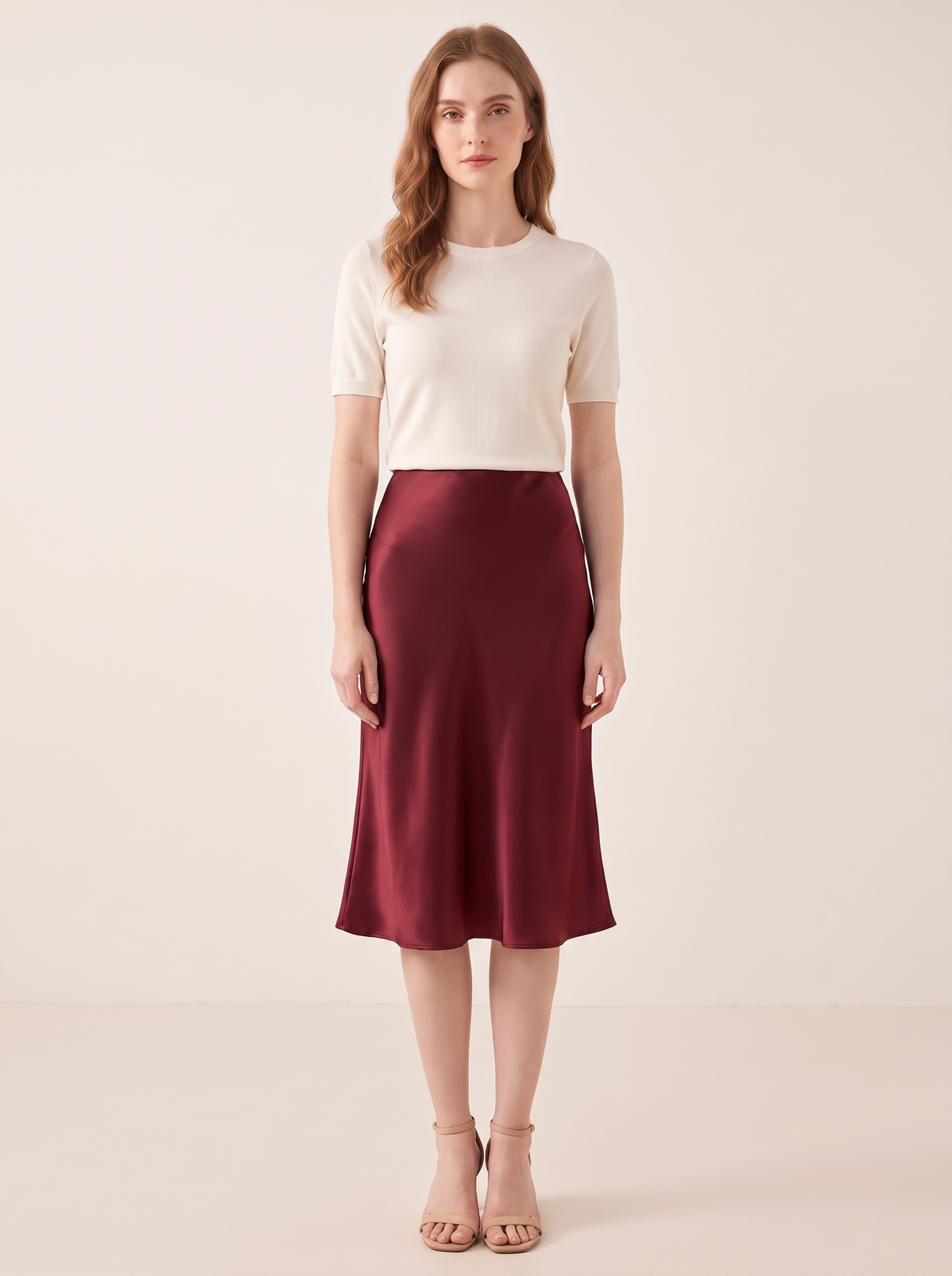 Silk&Sibél Knee-Length Silk Skirt in Burgundy, 100% mulberry silk, front view