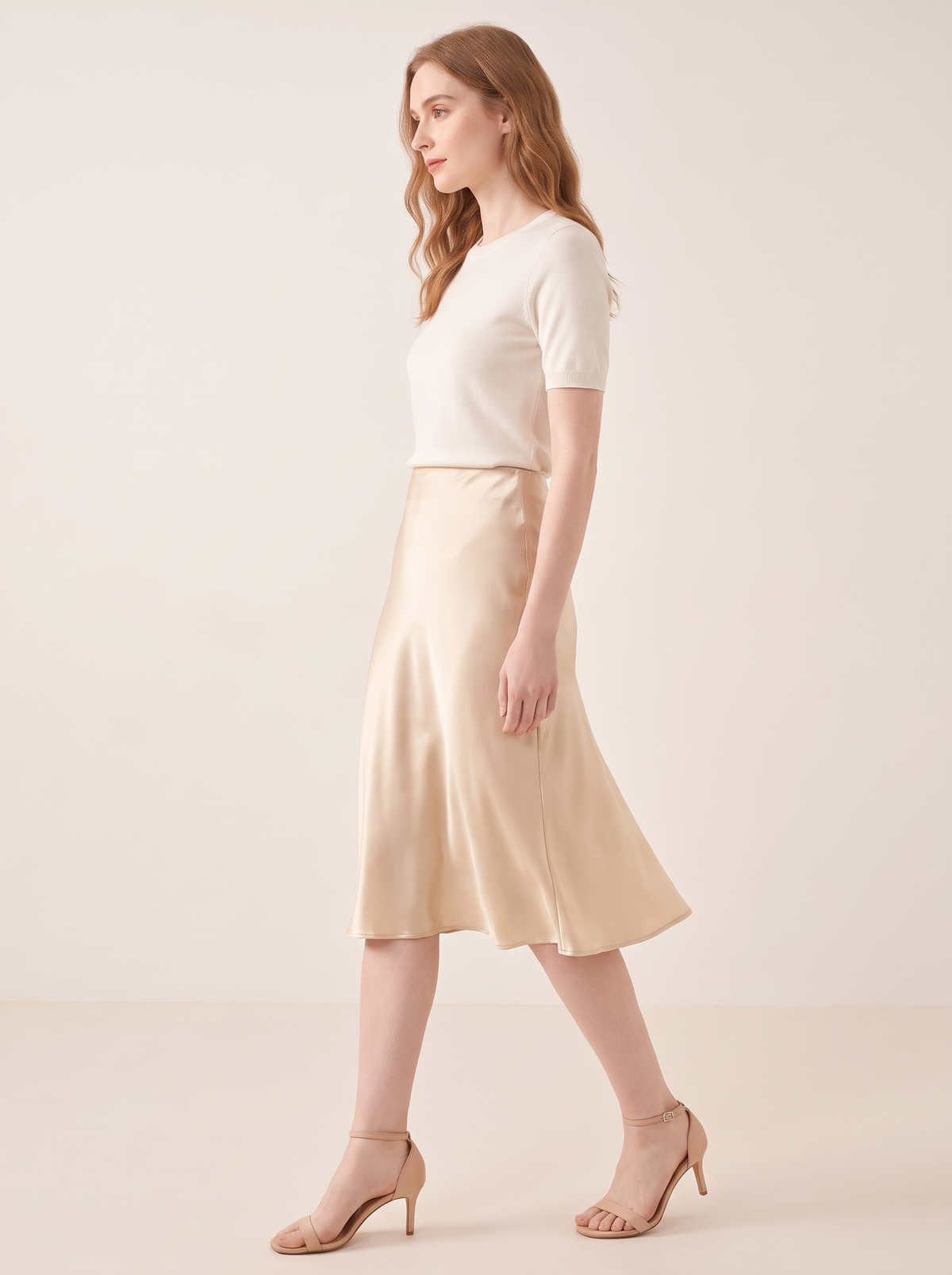 Silk&Sibél Knee-Length Silk Skirt in Champagne, 100% mulberry silk, side view