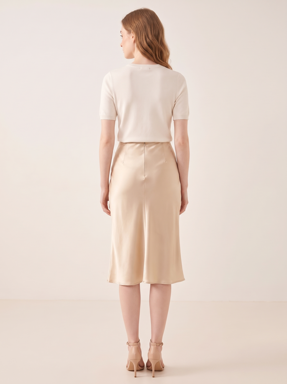 Silk&Sibél Knee-Length Silk Skirt in Champagne, 100% mulberry silk, back view