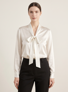 Silk&Sibél Silk Bow Tie Blouse in Ivory, 100% mulberry silk, front view