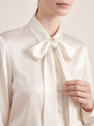Silk&Sibél Silk Bow Tie Blouse in Ivory, 100% mulberry silk, close-up detail