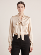 Silk&Sibél Silk Bow Tie Blouse in Champagne, 100% mulberry silk, front view