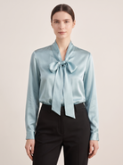Silk&Sibél Silk Bow Tie Blouse in Haze Blue, 100% mulberry silk, front view