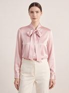 Silk&Sibél Silk Bow Tie Blouse in Rose Pink, 100% mulberry silk, front view