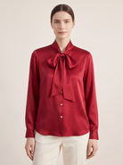 Silk&Sibél Silk Bow Tie Blouse in Burgundy, 100% mulberry silk, front view