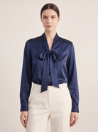 Silk&Sibél Silk Bow Tie Blouse in Navy, 100% mulberry silk, front view