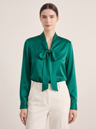 Silk&Sibél Silk Bow Tie Blouse in Dark Green, 100% mulberry silk, front view