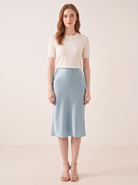 Silk&Sibél Knee-Length Silk Skirt in Haze Blue, 100% mulberry silk, front view