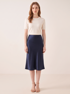 Silk&Sibél Knee-Length Silk Skirt in Navy, 100% mulberry silk, front view