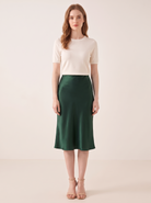 Silk&Sibél Knee-Length Silk Skirt in Dark Green, 100% mulberry silk, front view